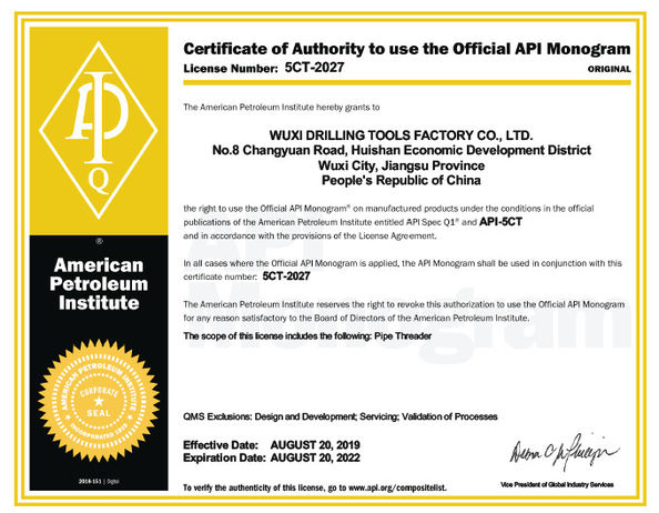 Porcellana CGE Group Wuxi Drilling Tools Co., Ltd. Certificazioni